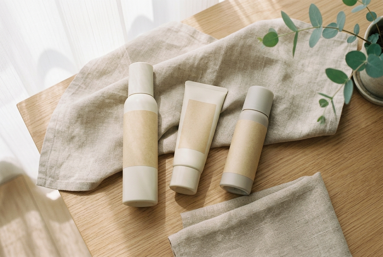 無印良品の日焼け止め3アイテムが、麻のクロスを敷いた木のテーブルに静かに並ぶ静物カット