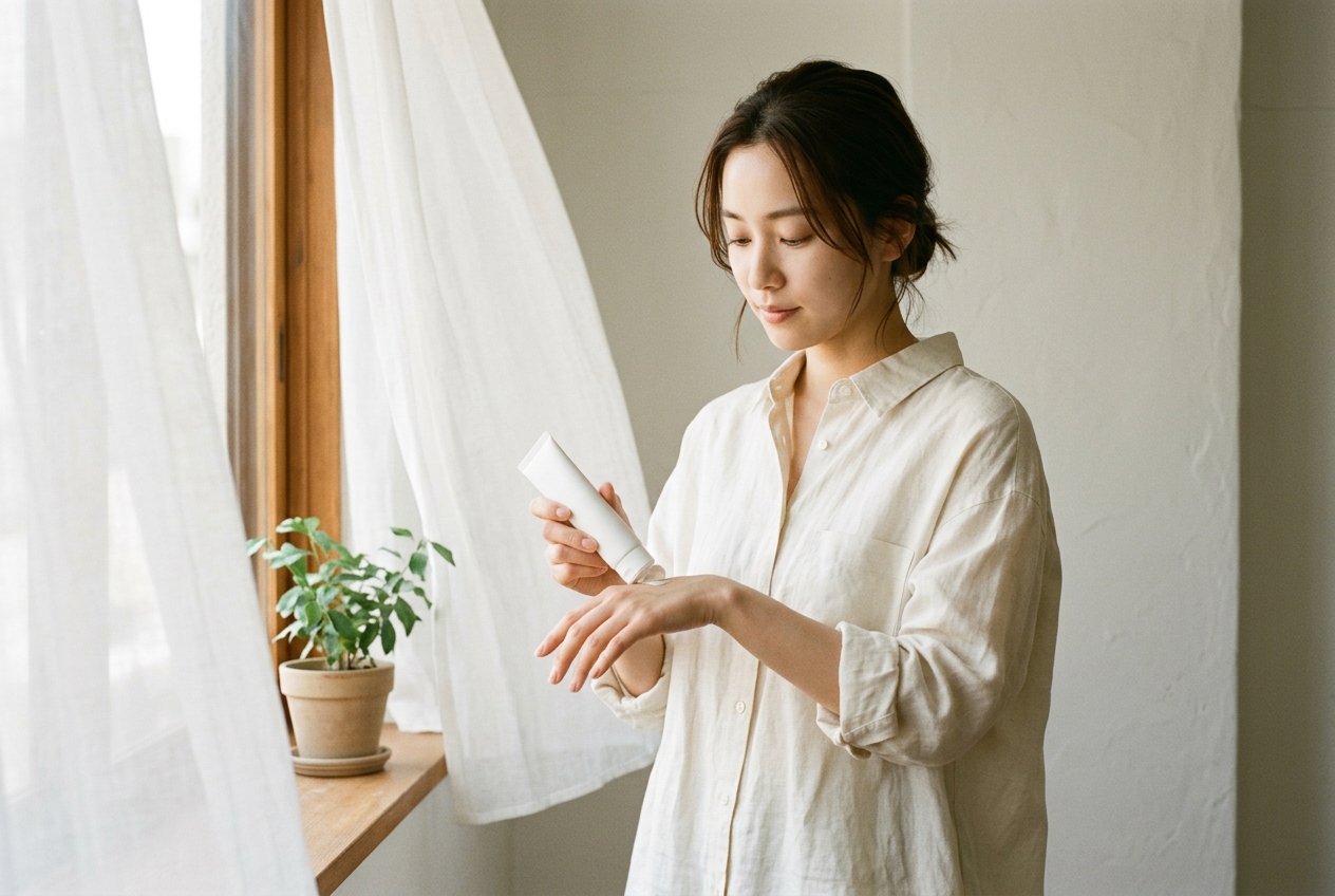 白い壁・木のサッシ・リネンカーテンの東京の自宅で、日本人女性が手の甲に日焼け止めをのばしている朝のシーン